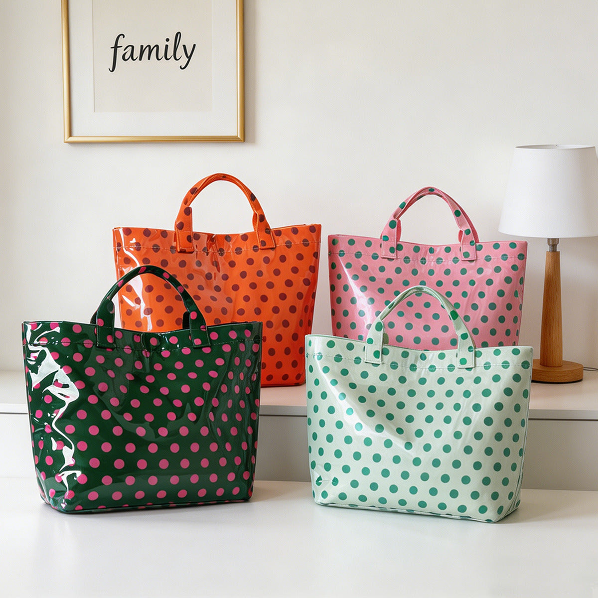 Glossy Polka Dot Shoulder Tote Bag - Pink