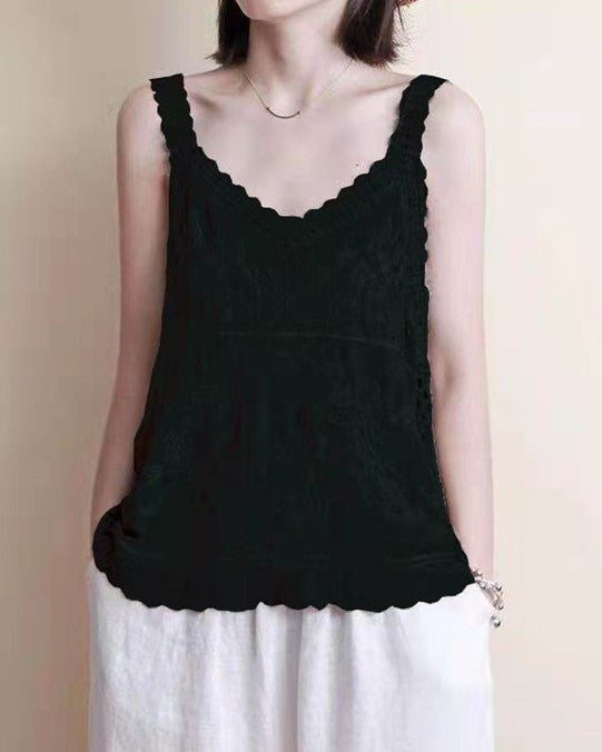 Embroidered Lace Trim V Neck Camisole - Black