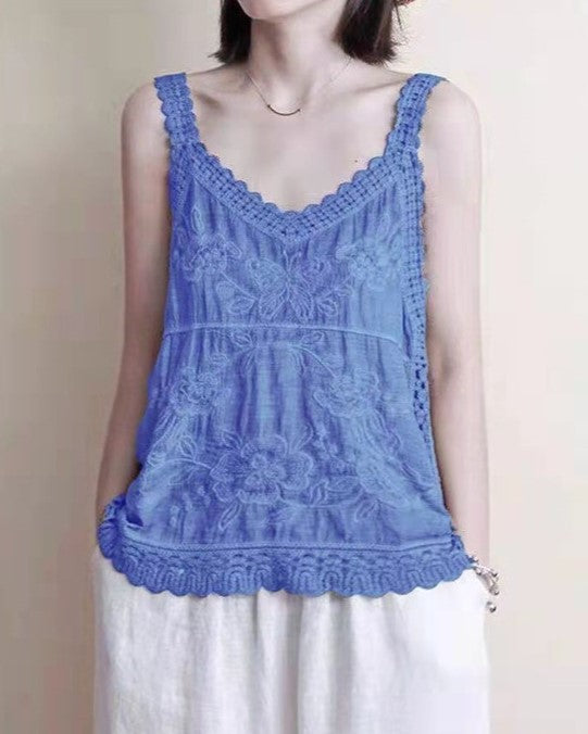 Embroidered Lace Trim V Neck Camisole - Blue
