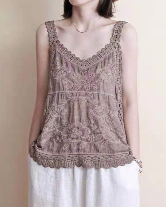 Embroidered Lace Trim V Neck Camisole - Coffee