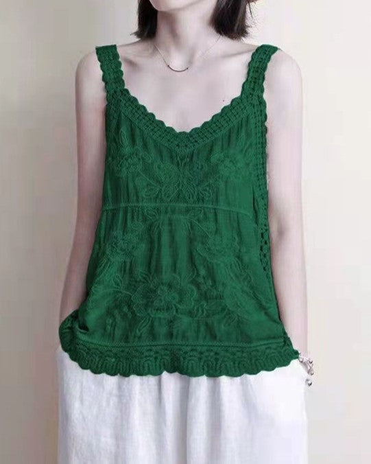 Embroidered Lace Trim V Neck Camisole - Green