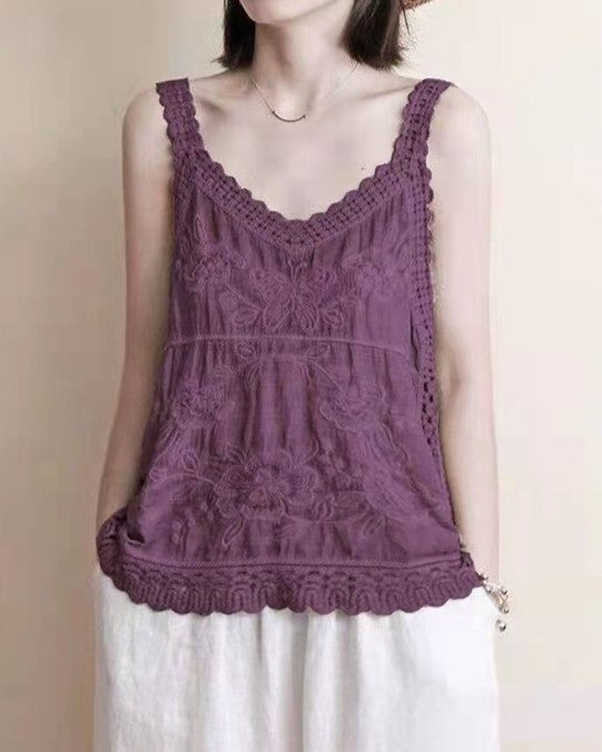 Embroidered Lace Trim V Neck Camisole - Purple
