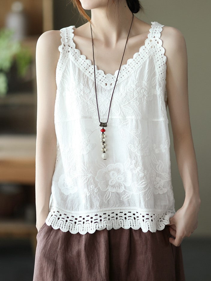 Embroidered Lace Trim V Neck Camisole - White