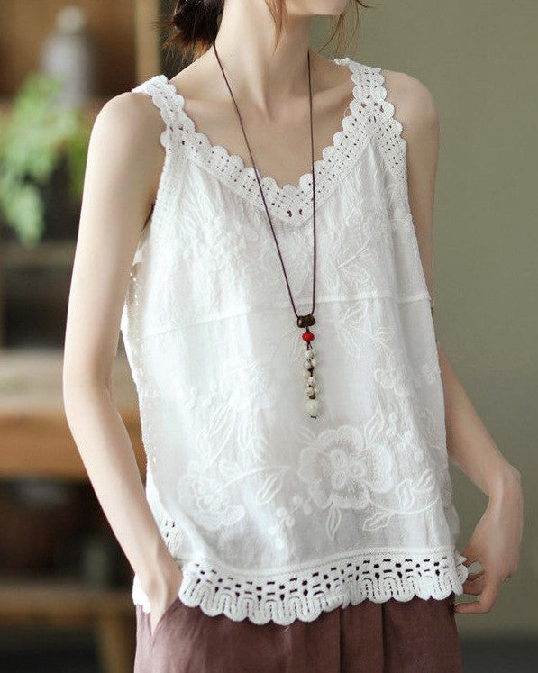 Embroidered Lace Trim V Neck Camisole - White - 1