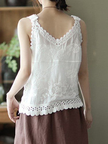 Embroidered Lace Trim V Neck Camisole - White - 2