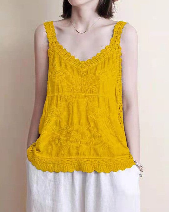 Embroidered Lace Trim V Neck Camisole - Yellow