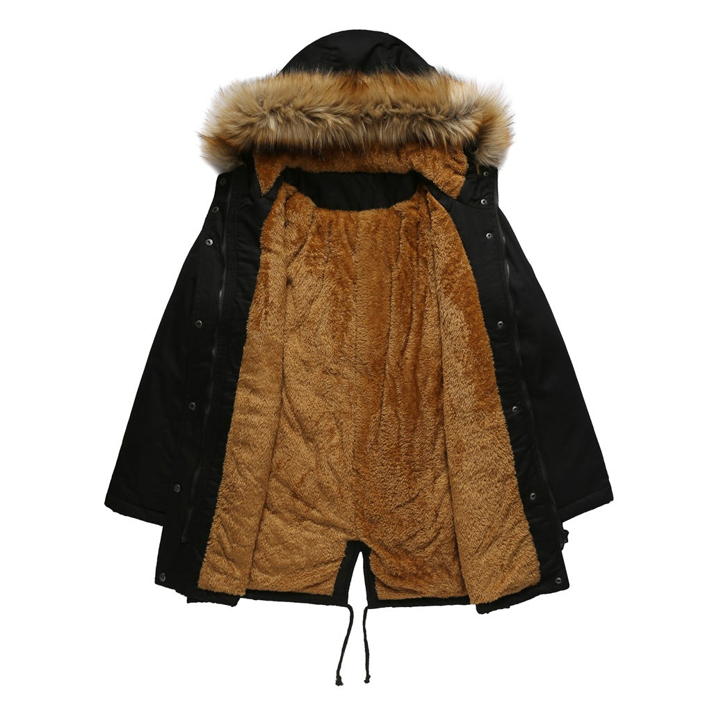 Faux Fur Lined Drawstring Waist Parka - Black