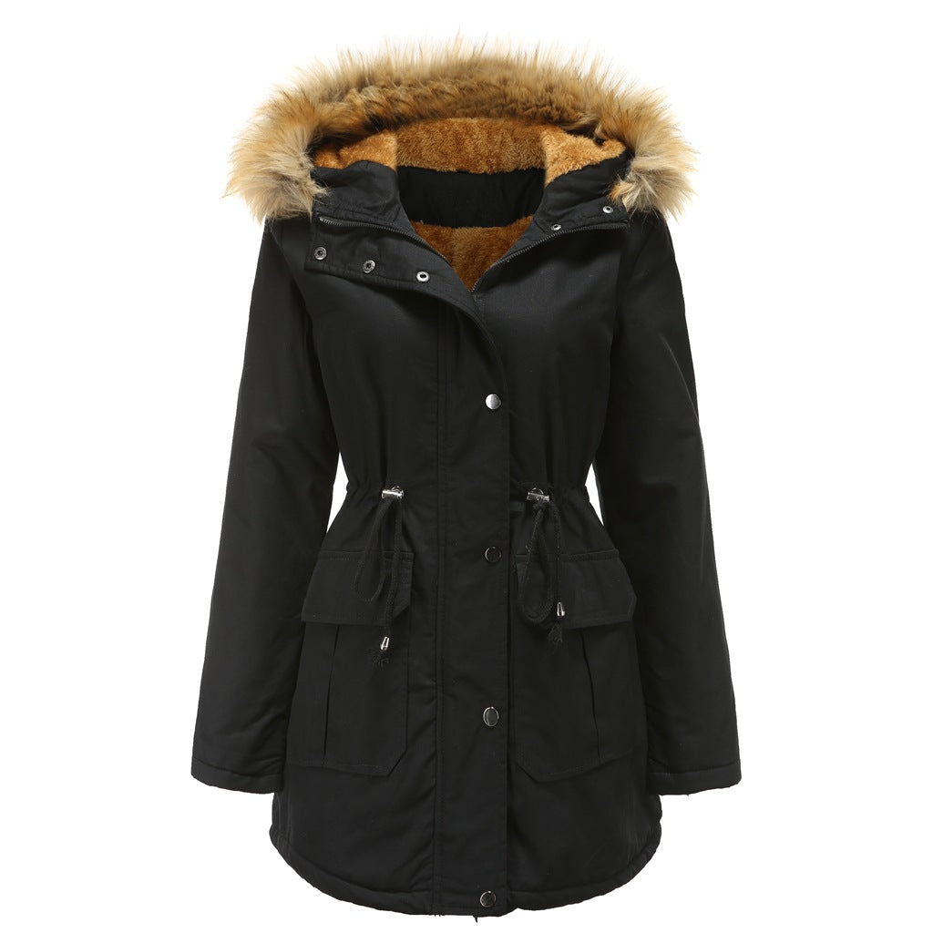 Faux Fur Lined Drawstring Waist Parka - Black - 1