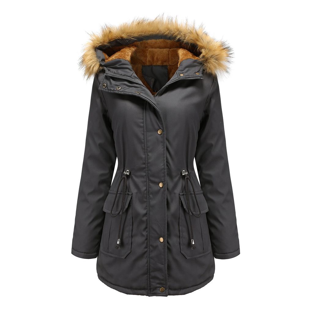 Faux Fur Lined Drawstring Waist Parka - Grey