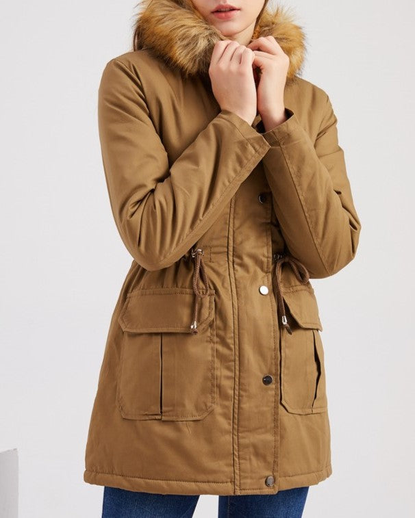 Faux Fur Lined Drawstring Waist Parka - Khaki