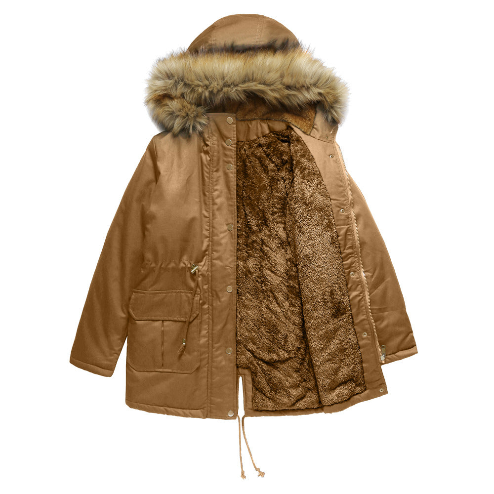 Faux Fur Lined Drawstring Waist Parka - Khaki - 1