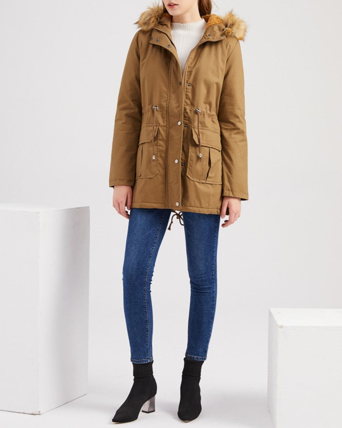 Faux Fur Lined Drawstring Waist Parka - Khaki - 2