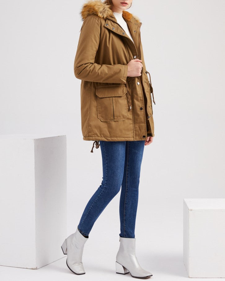 Faux Fur Lined Drawstring Waist Parka - Khaki - 3