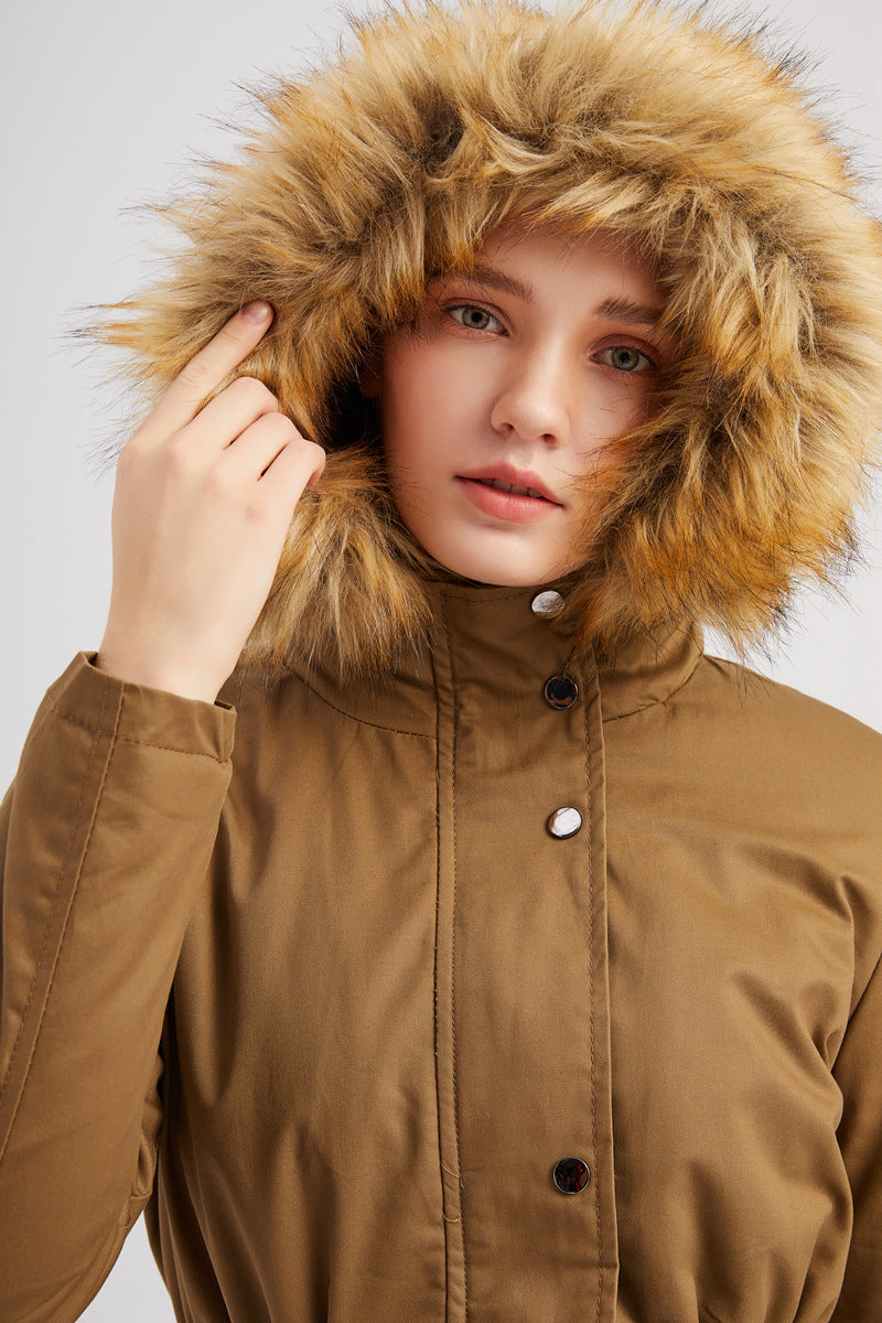 Faux Fur Lined Drawstring Waist Parka - Khaki - 4