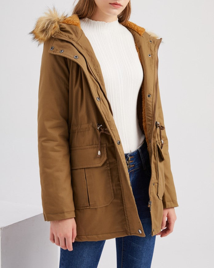 Faux Fur Lined Drawstring Waist Parka - Khaki - 5