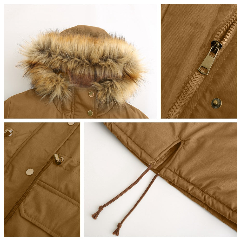 Faux Fur Lined Drawstring Waist Parka - Khaki - 6