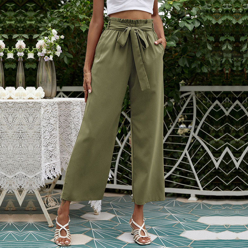 Belted Paperbag Waist Cropped Wide Leg Pants - Olive