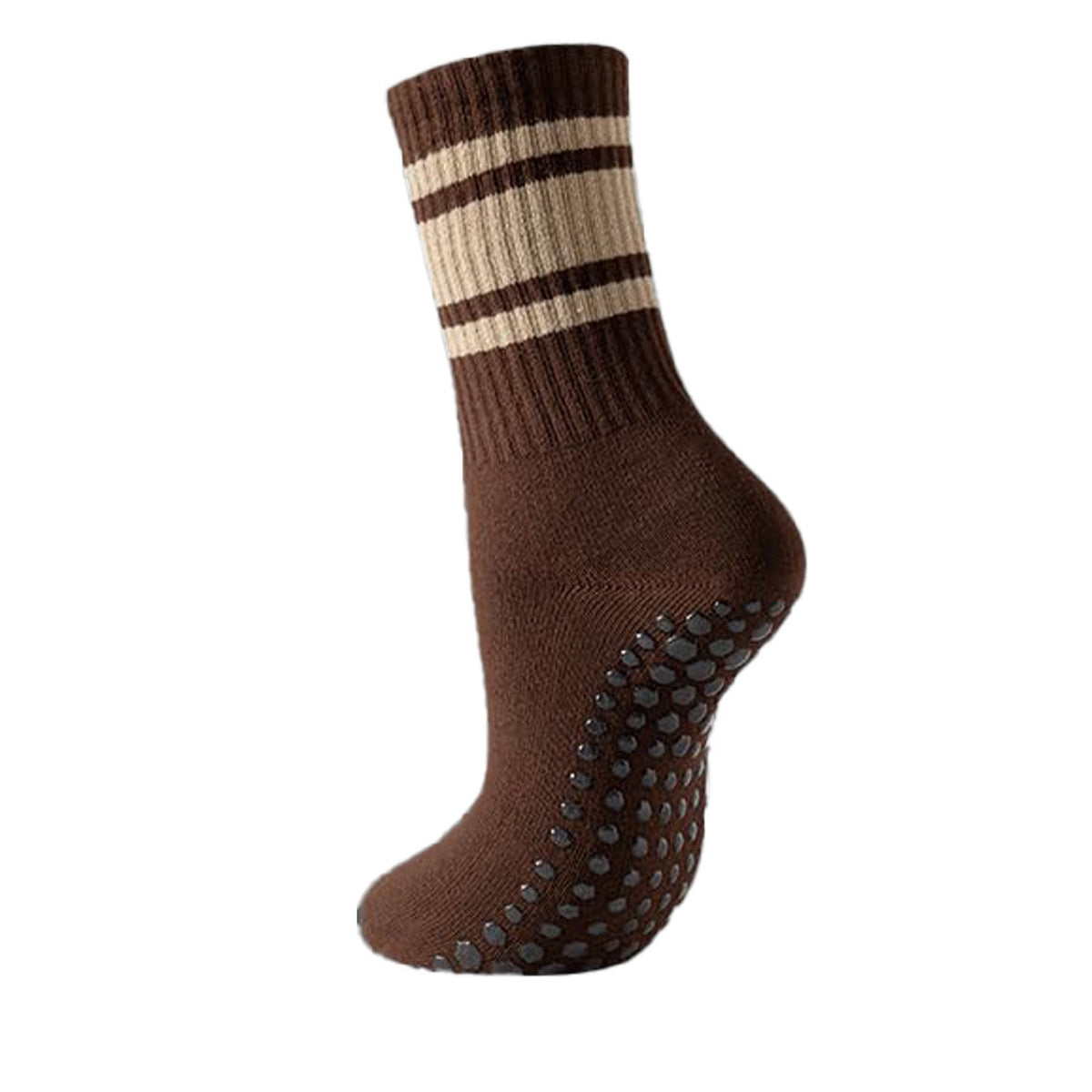 Varsity Stripe Cuff Non Slip Crew Socks - Coffee