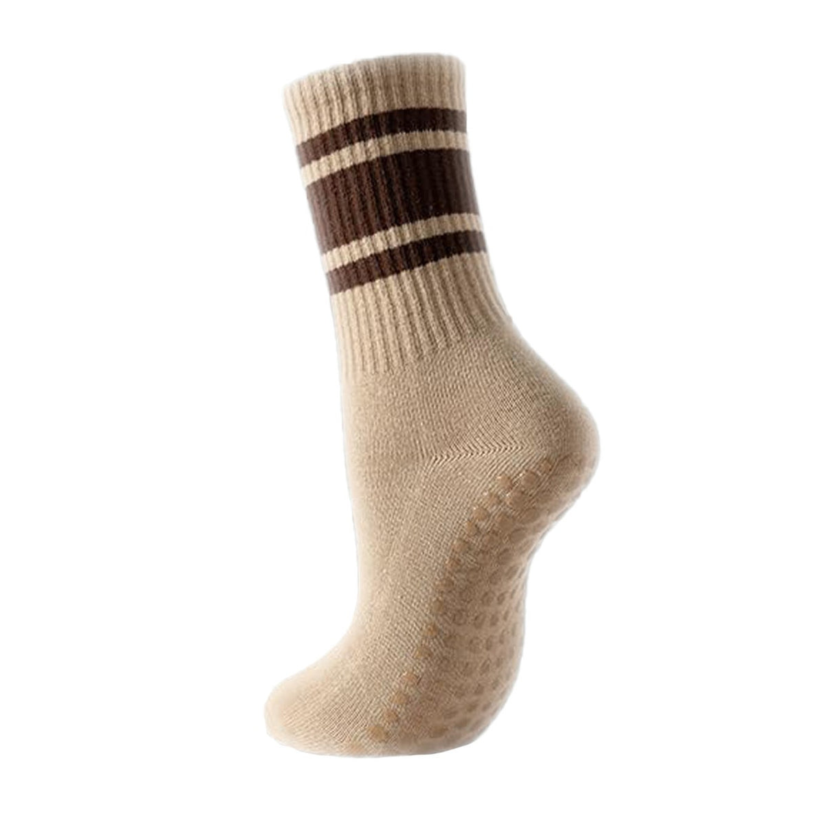 Varsity Stripe Cuff Non Slip Crew Socks - Khaki