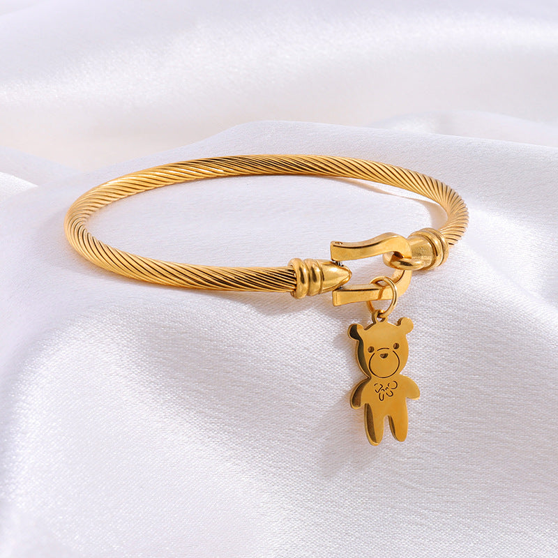 Teddy Bear Charm Cable Bangle Bracelet - Golden