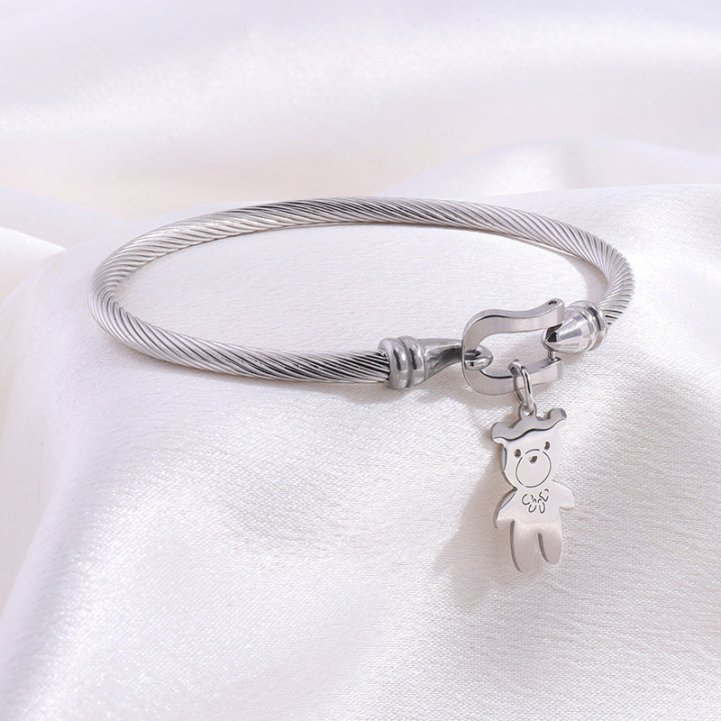 Teddy Bear Charm Cable Bangle Bracelet - Silver