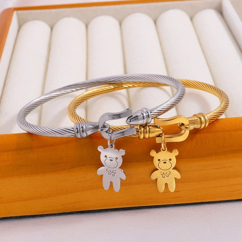 Teddy Bear Charm Cable Bangle Bracelet