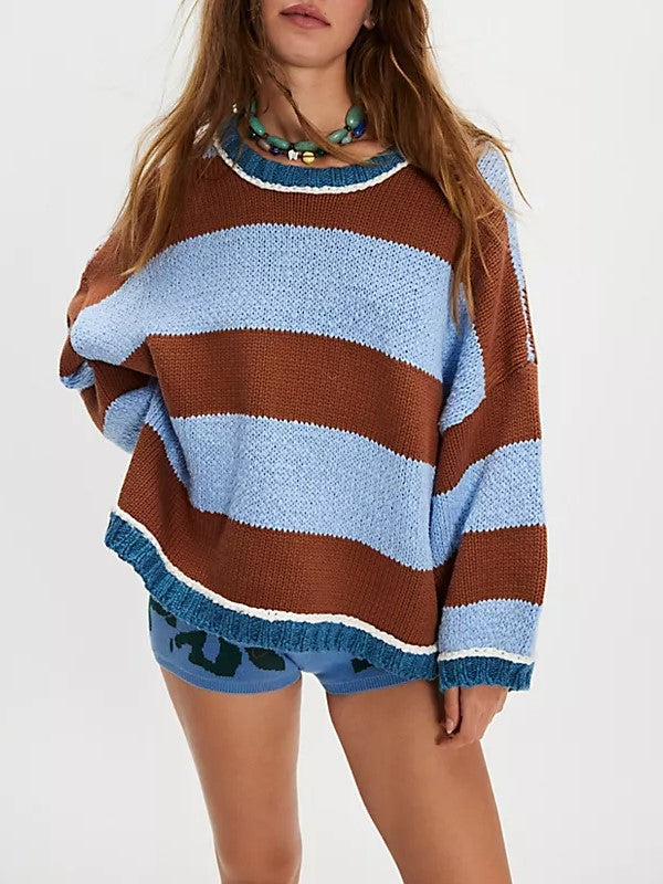 Bold Stripe Oversized Boxy Knit Sweater - Coffee