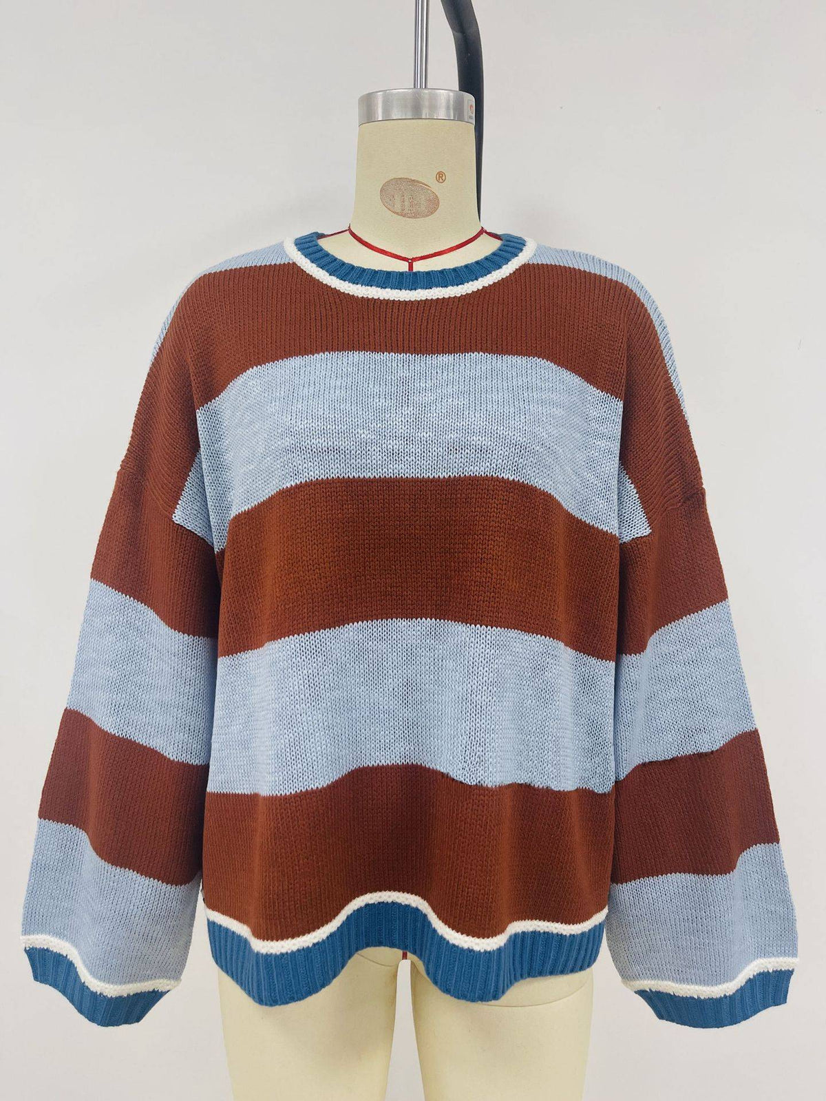 Bold Stripe Oversized Boxy Knit Sweater - Coffee - 1