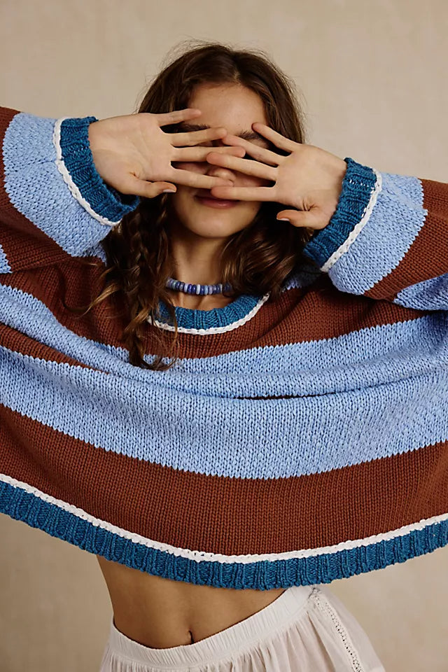 Bold Stripe Oversized Boxy Knit Sweater - Coffee - 3