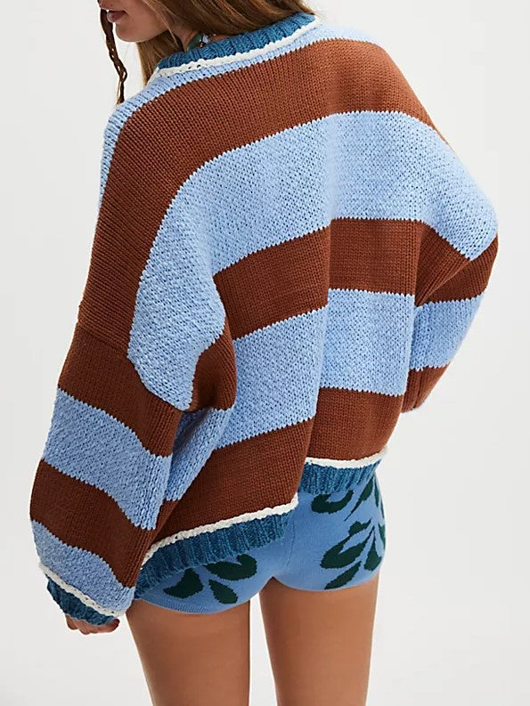 Bold Stripe Oversized Boxy Knit Sweater - Coffee - 4