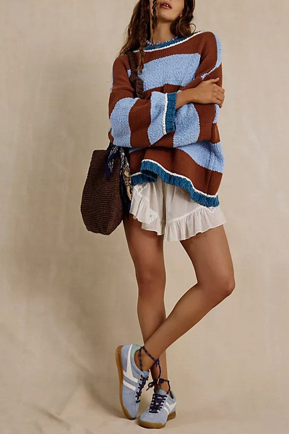 Bold Stripe Oversized Boxy Knit Sweater - Coffee - 6