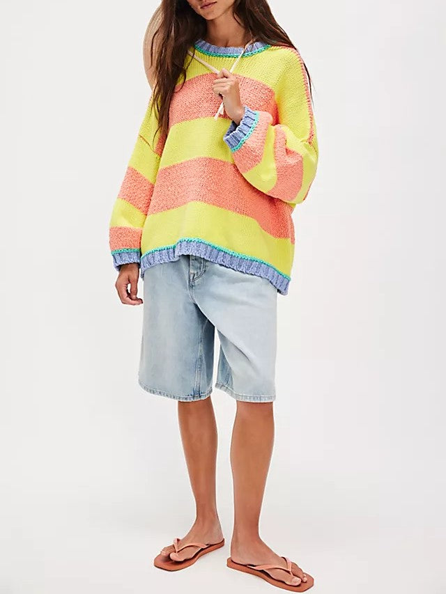 Bold Stripe Oversized Boxy Knit Sweater - yellow - 2