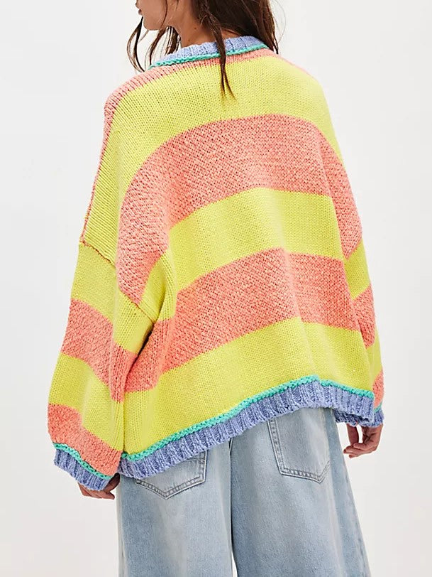 Bold Stripe Oversized Boxy Knit Sweater - yellow - 3