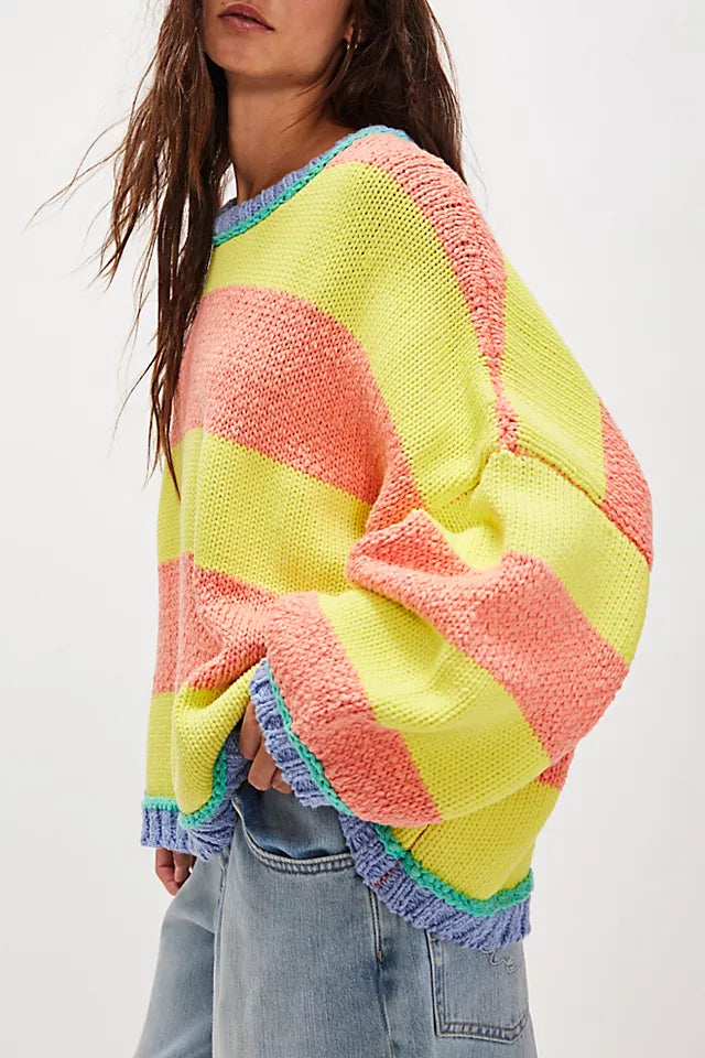 Bold Stripe Oversized Boxy Knit Sweater - yellow - 4