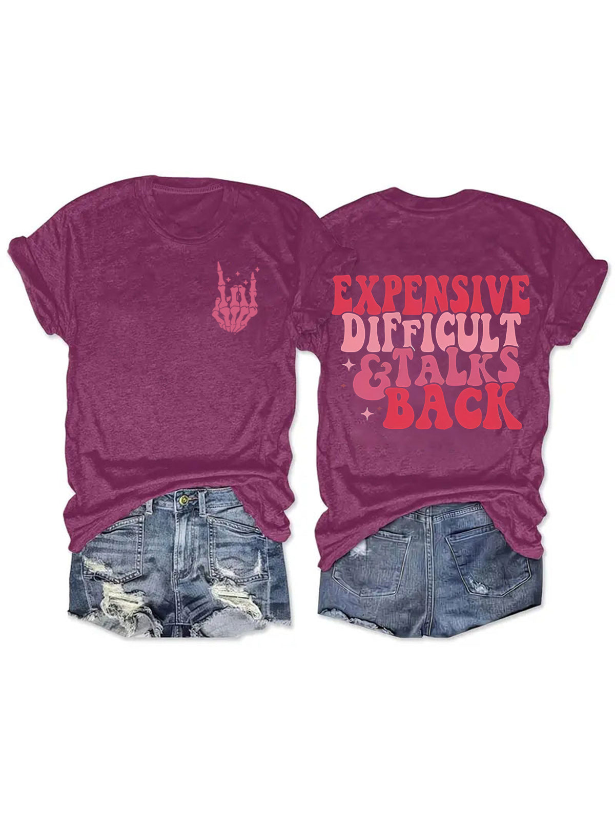 Retro Slogan Skeleton Hand Graphic Tee - Berry
