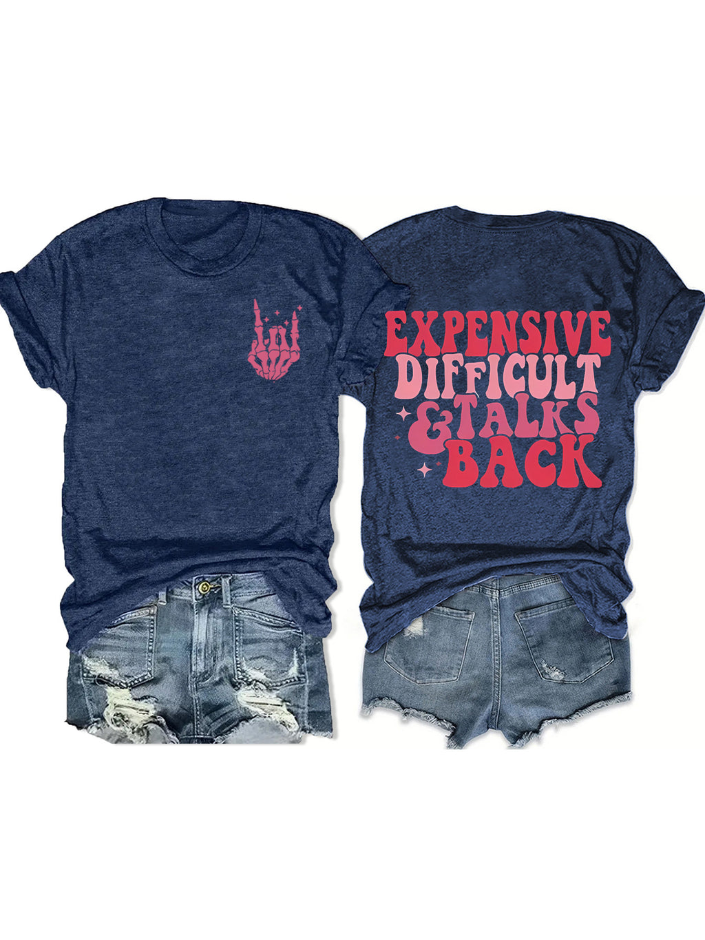 Retro Slogan Skeleton Hand Graphic Tee - Blue