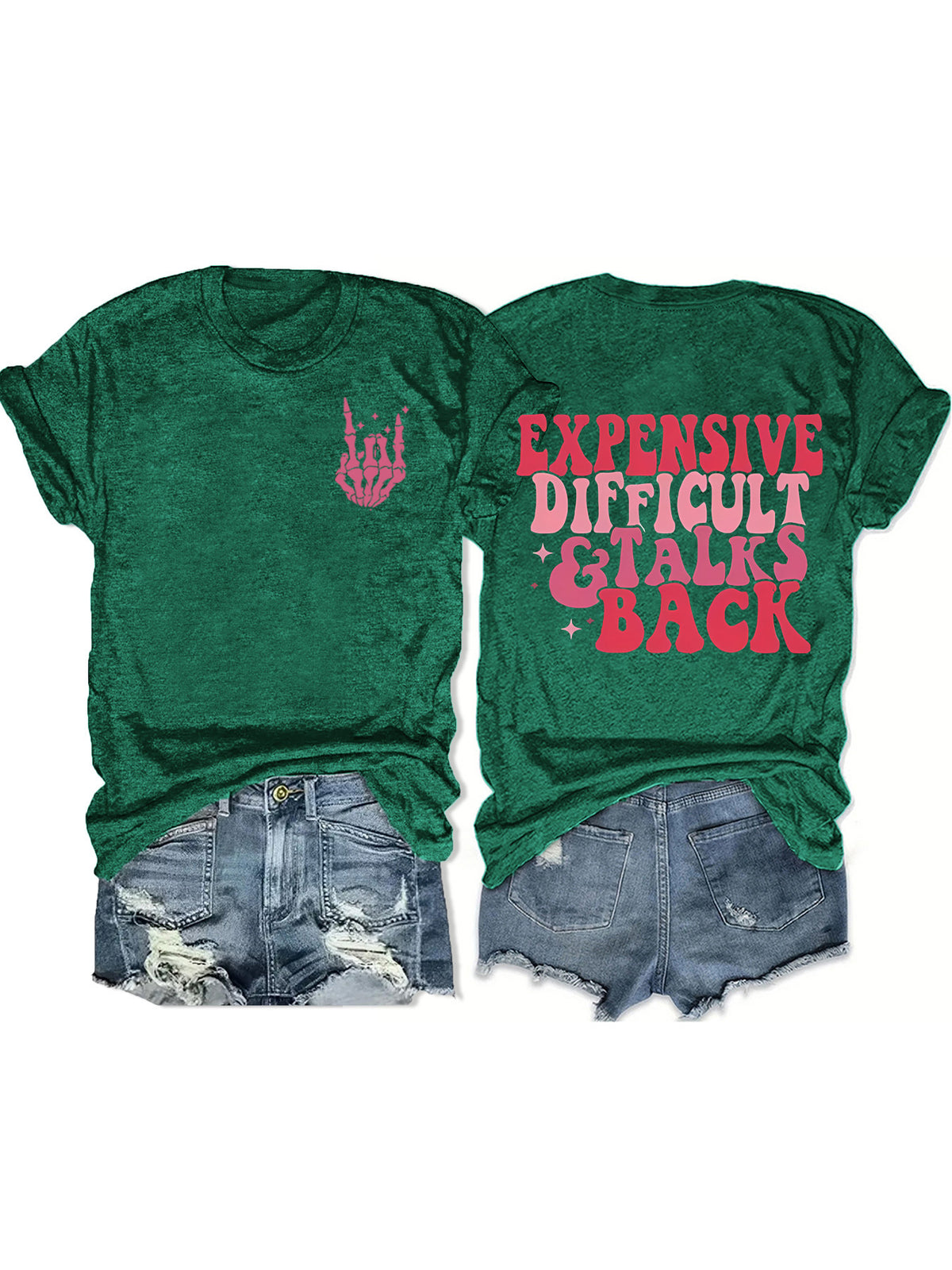 Retro Slogan Skeleton Hand Graphic Tee - Green