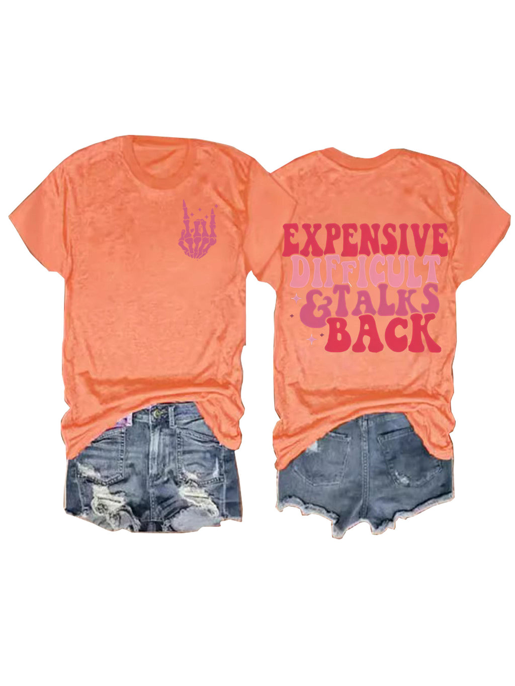 Retro Slogan Skeleton Hand Graphic Tee - Orange