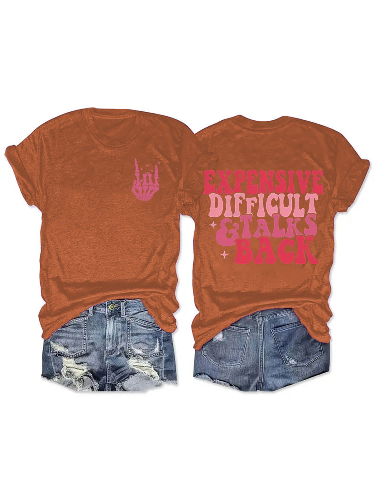 Retro Slogan Skeleton Hand Graphic Tee - Rust