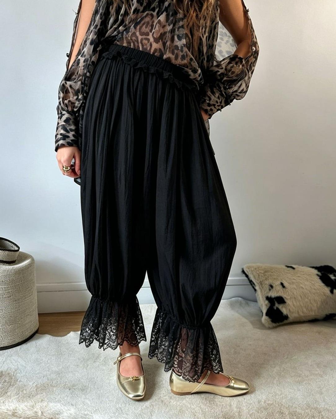 Pleated Satin Lace Ruffle Cuff Wide Leg Bloomer Pants - Black