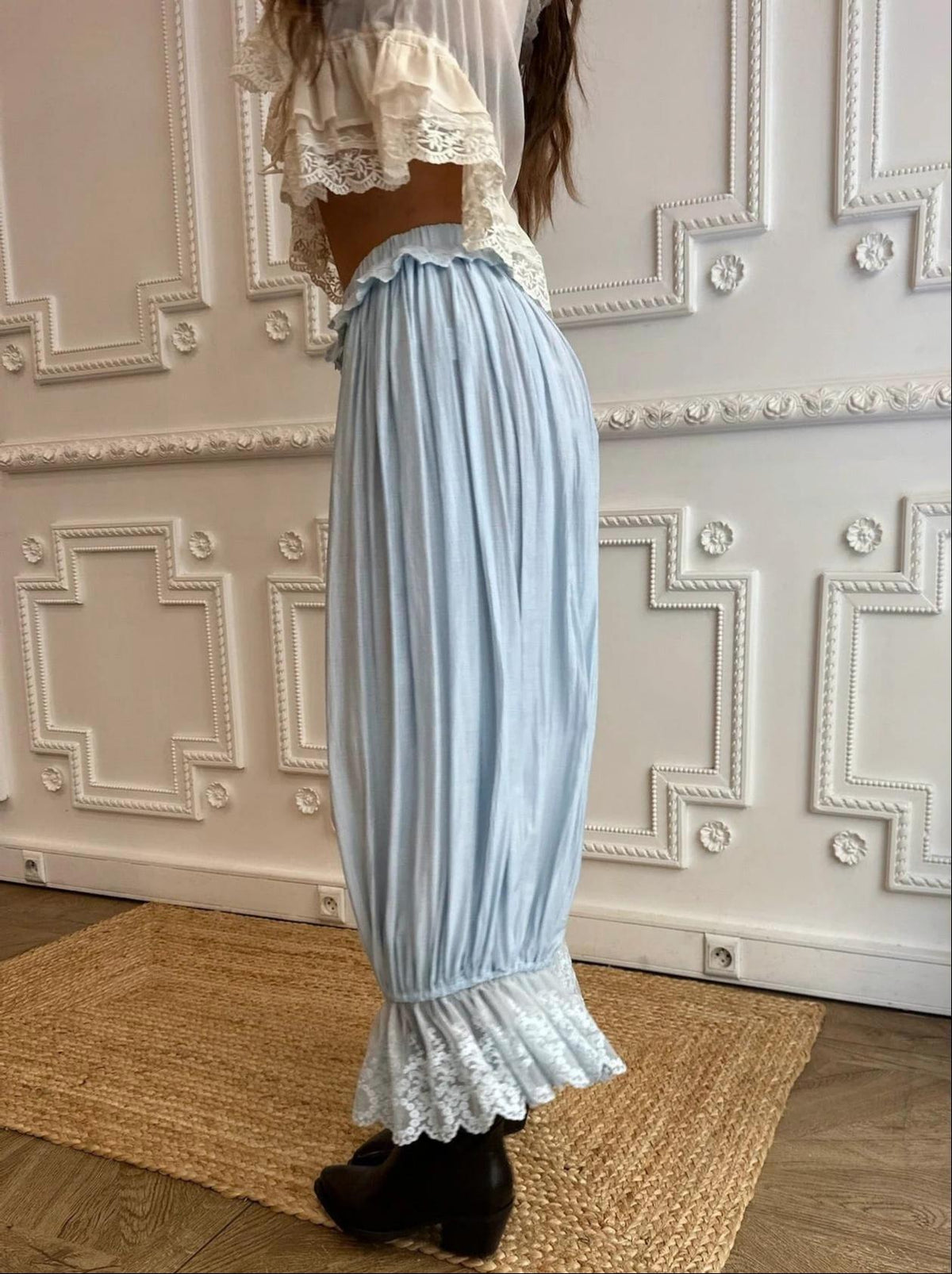 Pleated Satin Lace Ruffle Cuff Wide Leg Bloomer Pants - Blue - 2