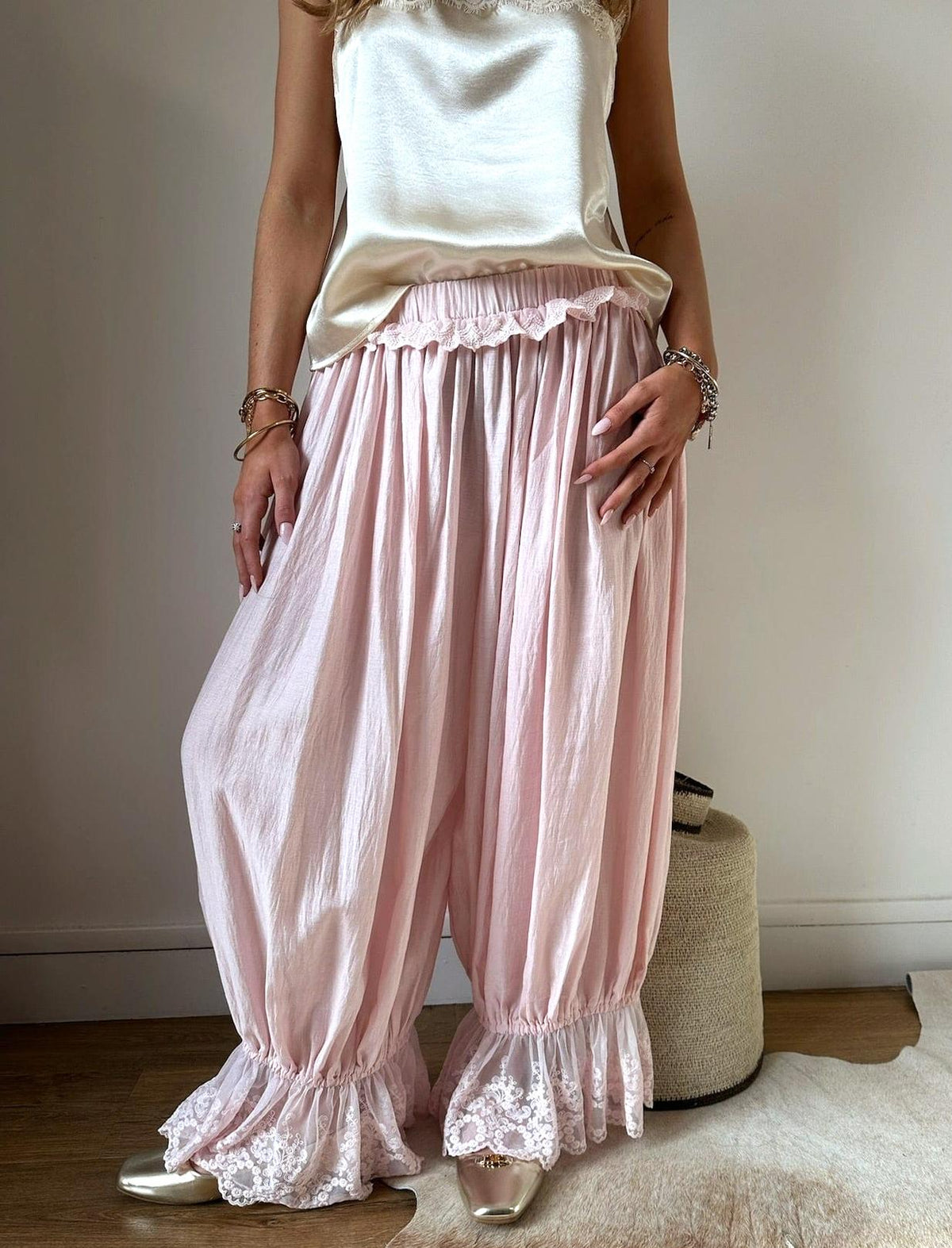 Pleated Satin Lace Ruffle Cuff Wide Leg Bloomer Pants - Pink