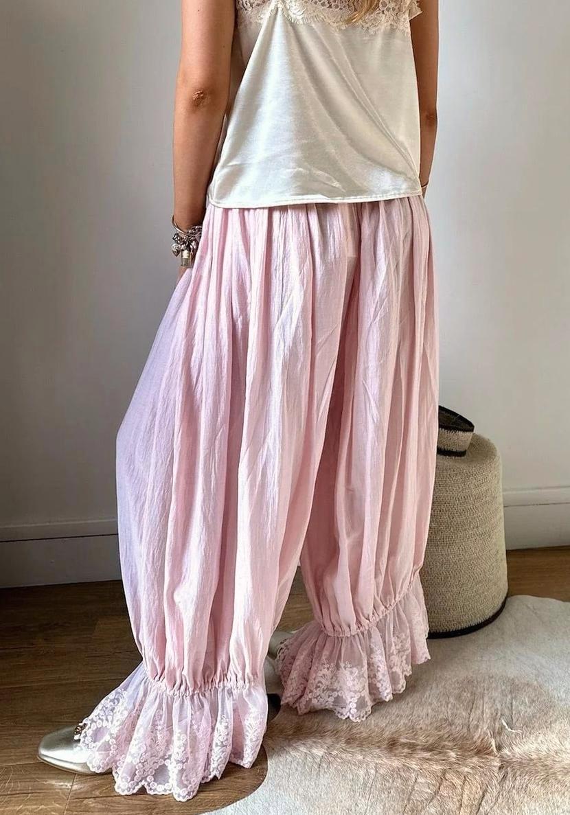 Pleated Satin Lace Ruffle Cuff Wide Leg Bloomer Pants - Pink - 1