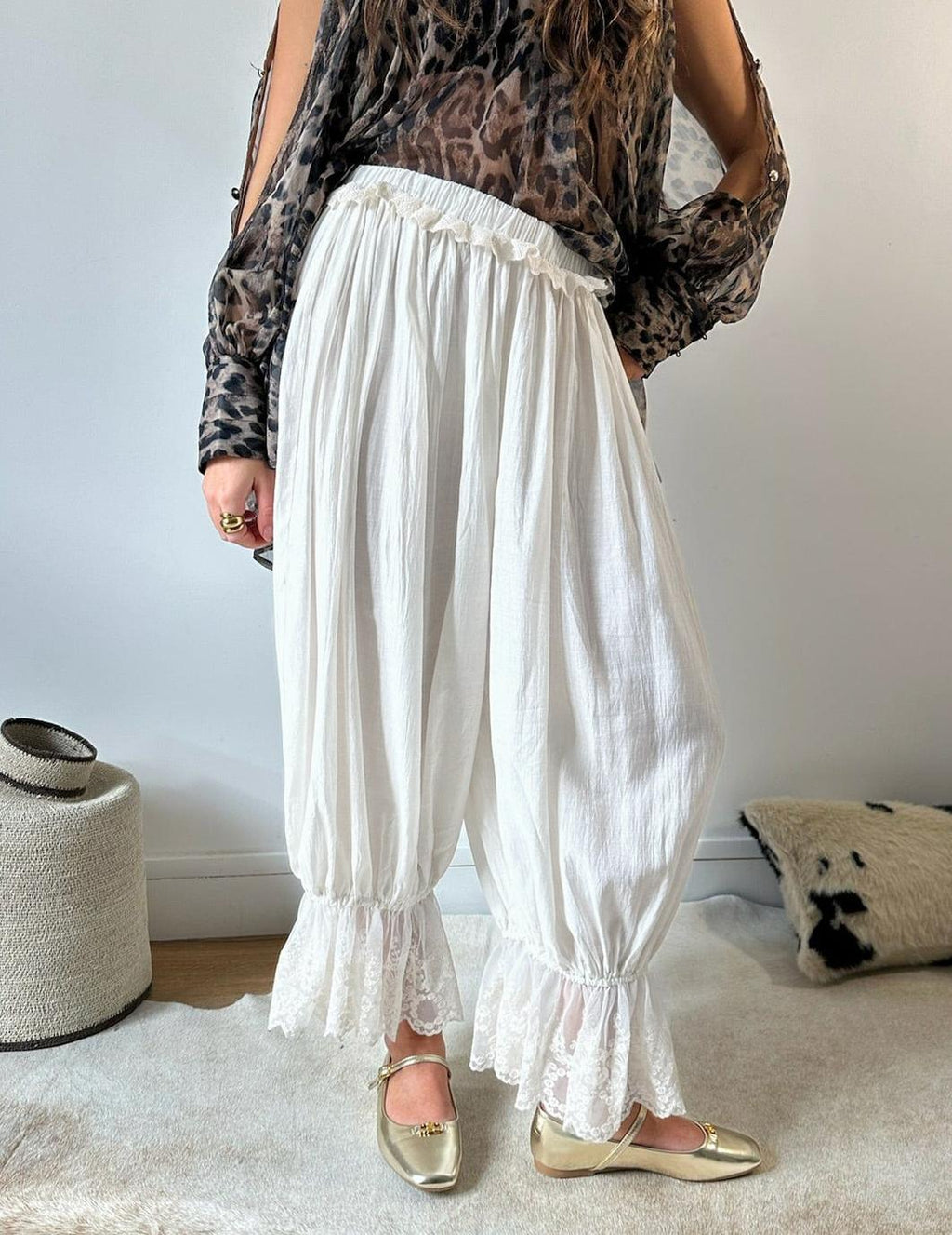 Pleated Satin Lace Ruffle Cuff Wide Leg Bloomer Pants - White