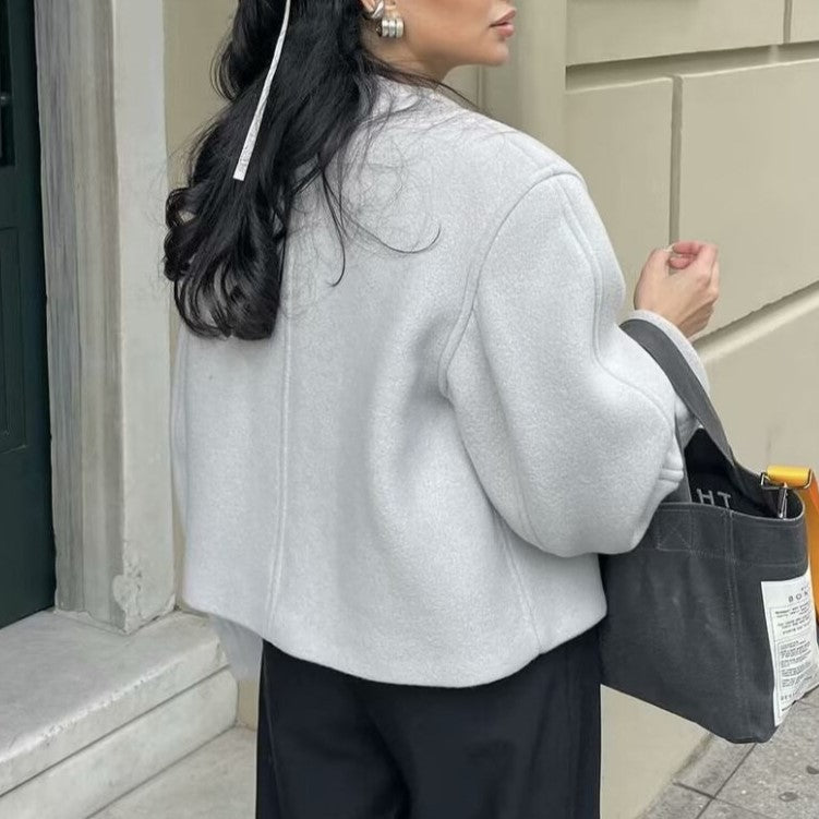 Oversized Waterfall Lapel Cropped Jacket - Grey - 3