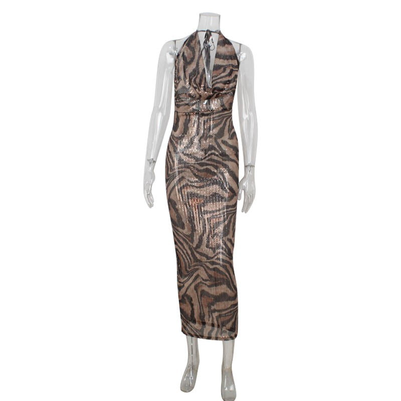 Tiger Print Sequin Plunge Halter Maxi Dress - Tiger Print
