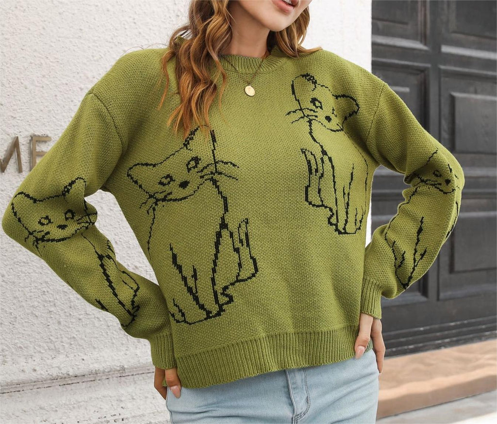 Cat Outline Jacquard Crew Neck Sweater - Green