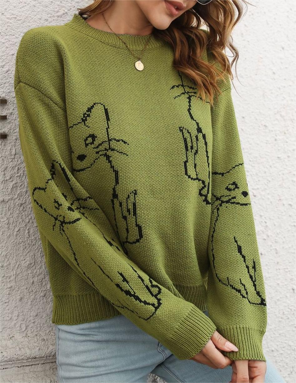 Cat Outline Jacquard Crew Neck Sweater - Green - 1