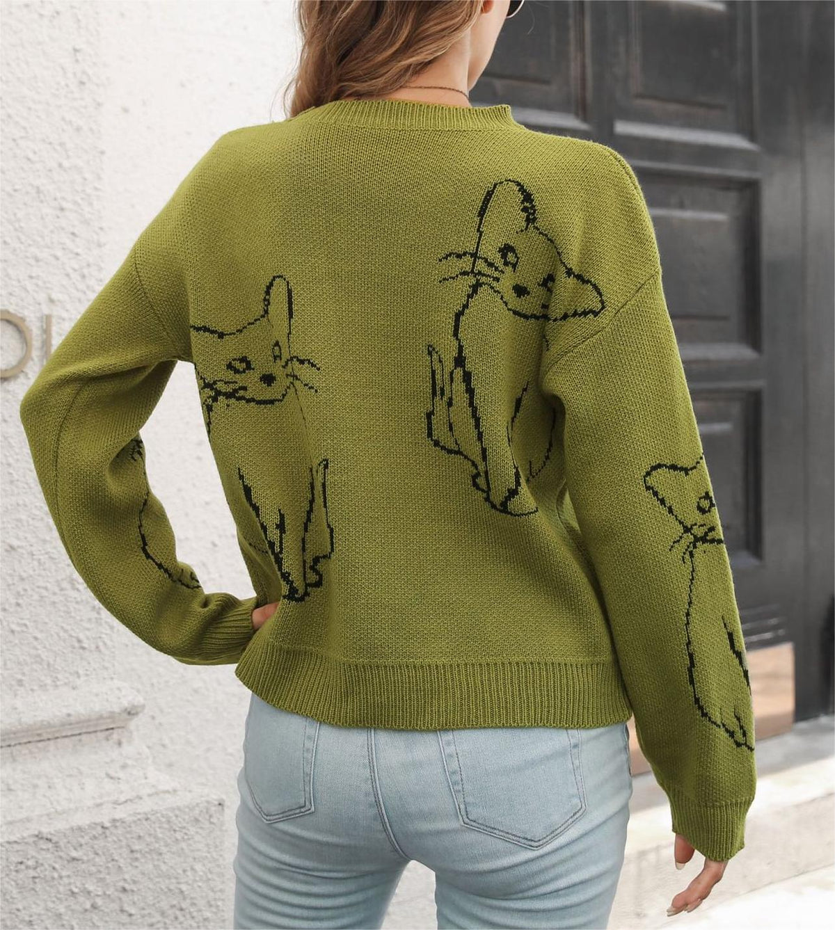Cat Outline Jacquard Crew Neck Sweater - Green - 2