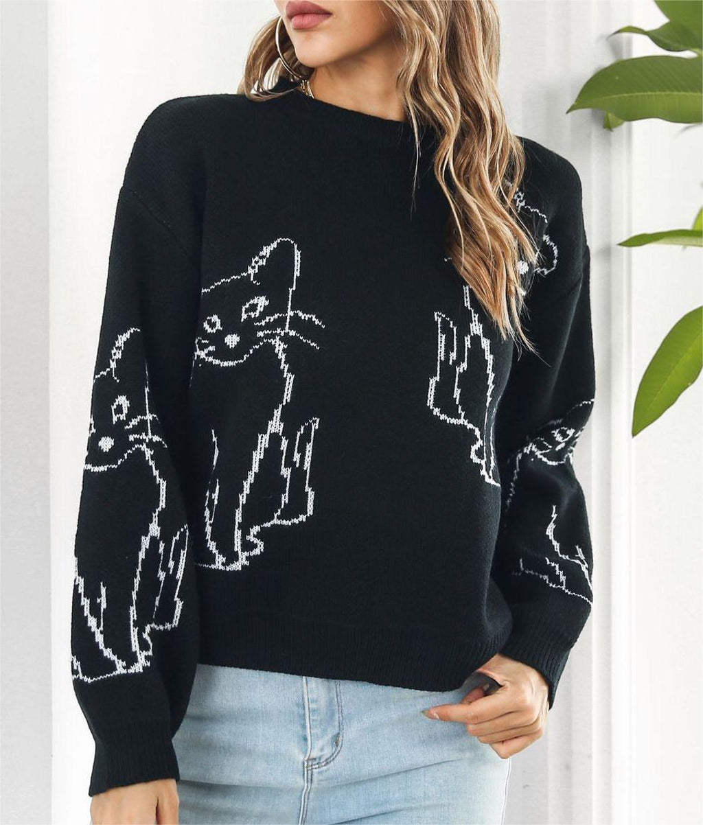 Cat Outline Jacquard Crew Neck Sweater - black